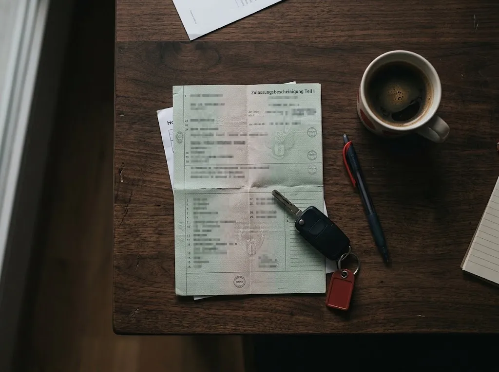 German registration papers and a car key on a table